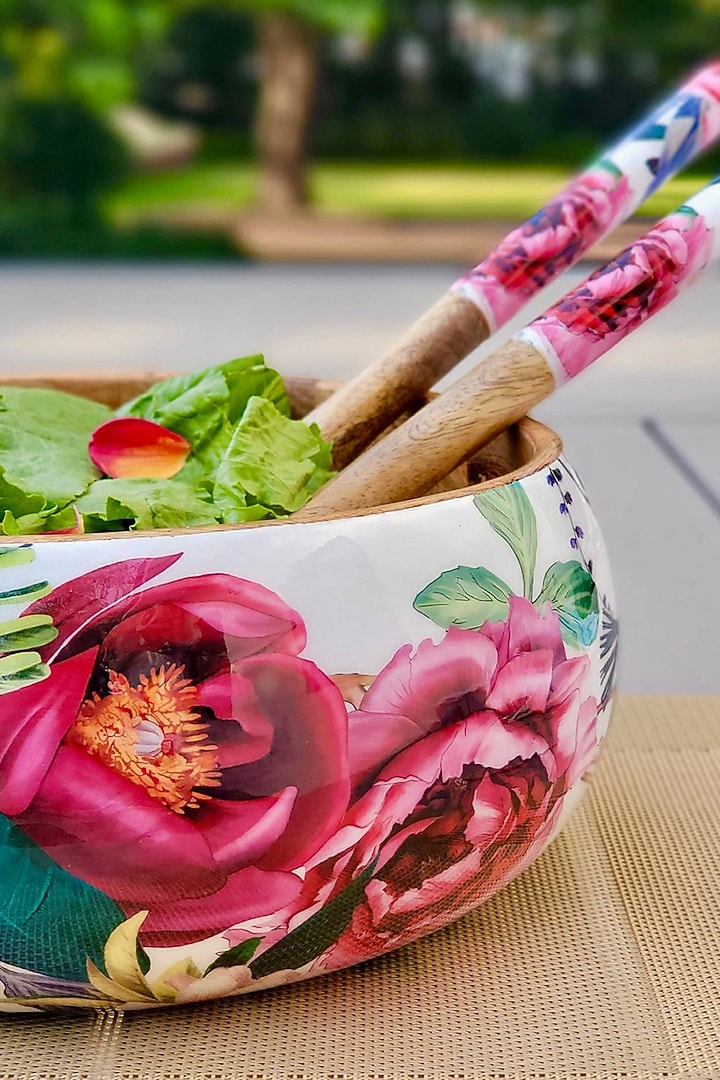 White Tudor Blooms Salad Bowl With Servers Set by Faaya Gifting at Pernia's Pop Up Shop
