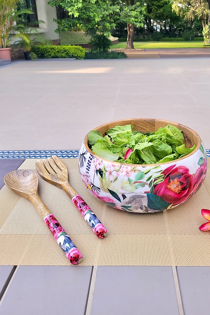 White Tudor Blooms Salad Bowl With Servers Set by Faaya Gifting at Pernia's Pop Up Shop