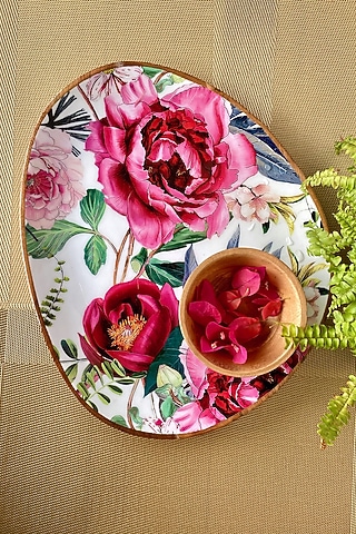 White Tudor Blooms Large Oval Platter with Dip Bowl by Faaya Gifting