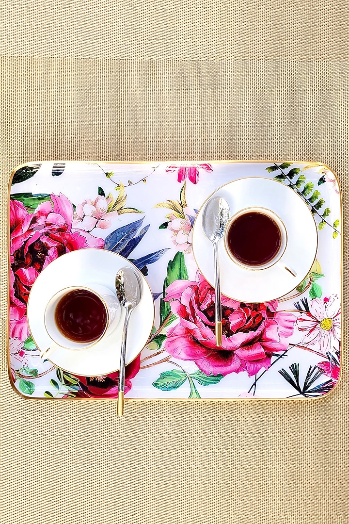 White Tudor Blooms Rectangle Serving Tray by Faaya Gifting at Pernia's Pop Up Shop