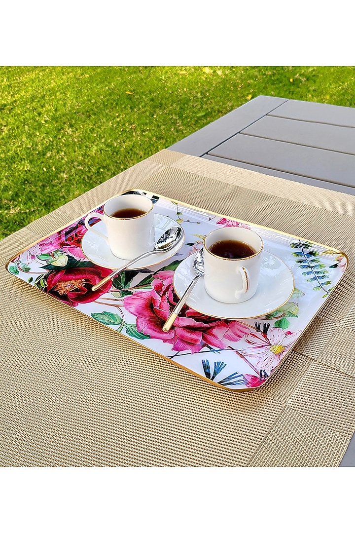 White Tudor Blooms Rectangle Serving Tray by Faaya Gifting at Pernia's Pop Up Shop