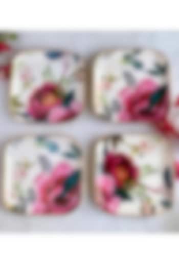 White Tudor Blooms Square Quarter Plates (Set of 4) by Faaya Gifting