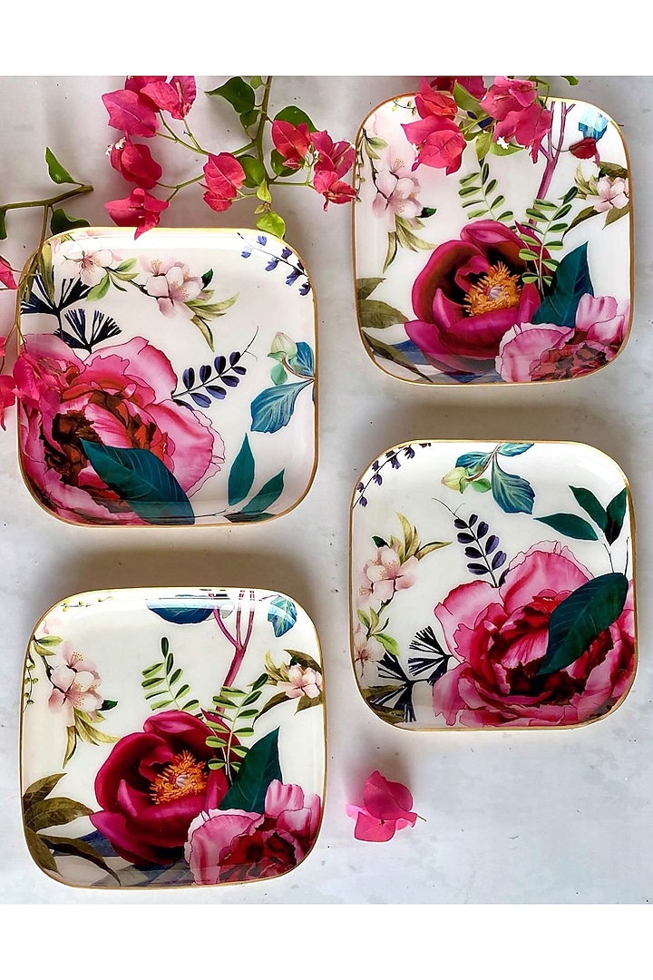 White Tudor Blooms Square Quarter Plates (Set of 4) by Faaya Gifting at Pernia's Pop Up Shop