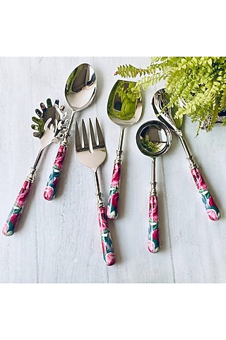 White Tudor Blooms Serving Spoons (Set of 6) by Faaya Gifting