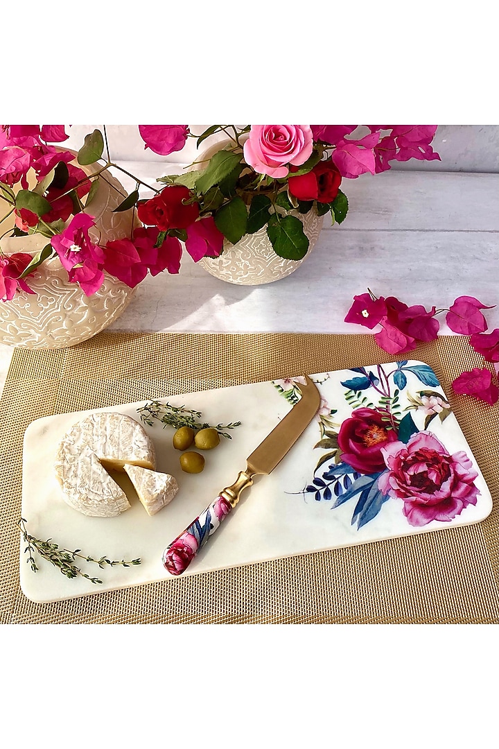 White Tudor Blooms Marble Cheese Board With Cheese Knife by Faaya Gifting