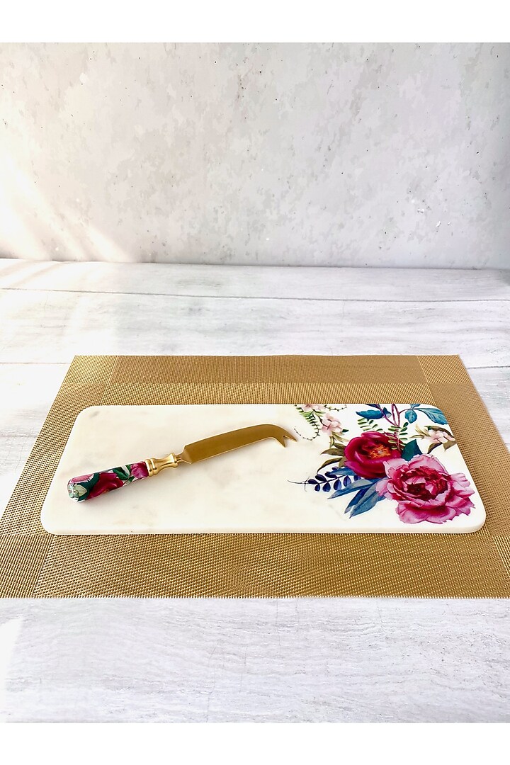 White Tudor Blooms Marble Cheese Board With Cheese Knife by Faaya Gifting at Pernia's Pop Up Shop