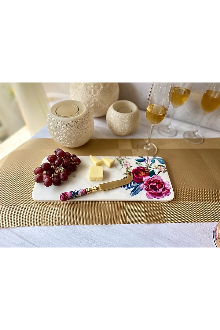 White Tudor Blooms Marble Cheese Board With Cheese Knife by Faaya Gifting at Pernia's Pop Up Shop