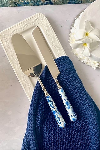 Blue Bali Boho Printed Cake Server & Knife Set by Faaya Gifting