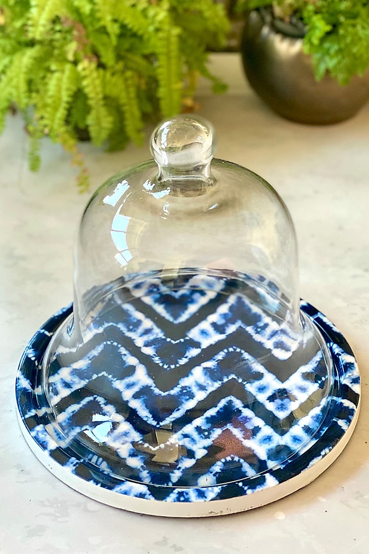 Blue Bali Falls Printed Dessert Tray With Glass Cloche (Set of 2) by Faaya Gifting