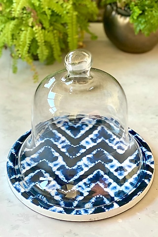 Blue Bali Falls Printed Dessert Tray With Glass Cloche (Set of 2) by Faaya Gifting