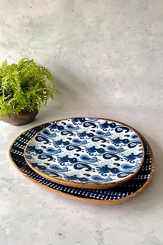 Blue Bali Boho Mango Wood Oval Platters (Set of 2) by Faaya Gifting