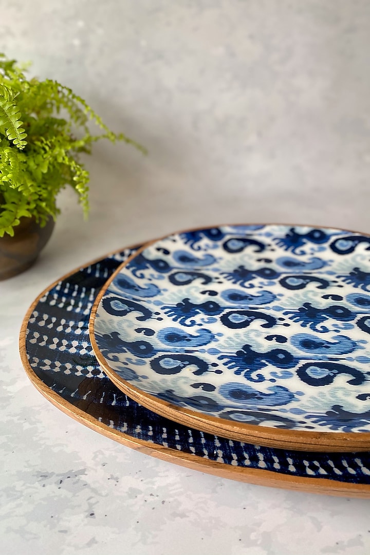 Blue Bali Boho Mango Wood Oval Platters (Set of 2) by Faaya Gifting at Pernia's Pop Up Shop