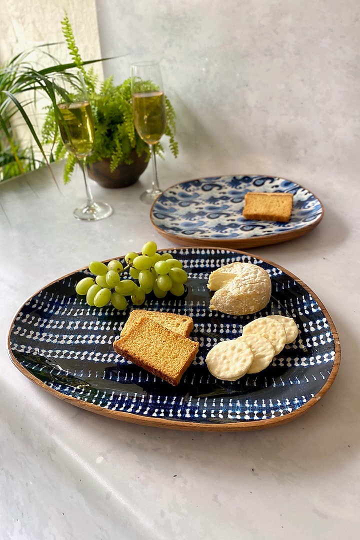 Blue Bali Boho Mango Wood Oval Platters (Set of 2) by Faaya Gifting at Pernia's Pop Up Shop