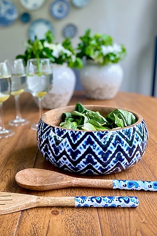 Blue Bali Falls Wood Salad Bowl With Servers Set (Set of 3) by Faaya Gifting