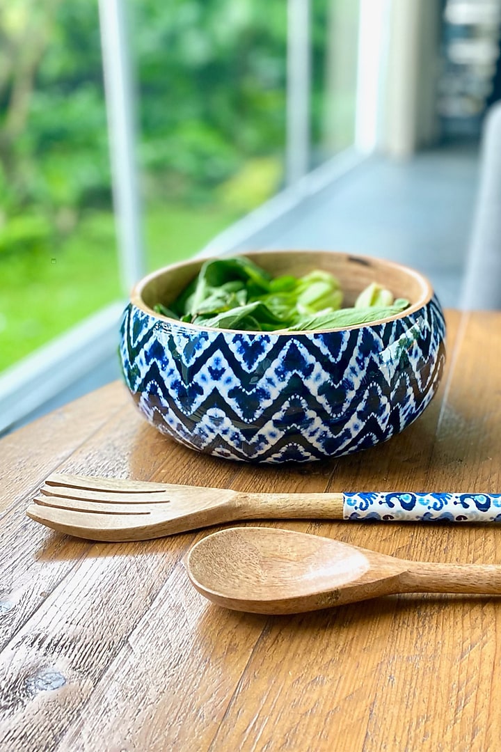Blue Bali Falls Wood Salad Bowl With Servers Set (Set of 3) by Faaya Gifting at Pernia's Pop Up Shop