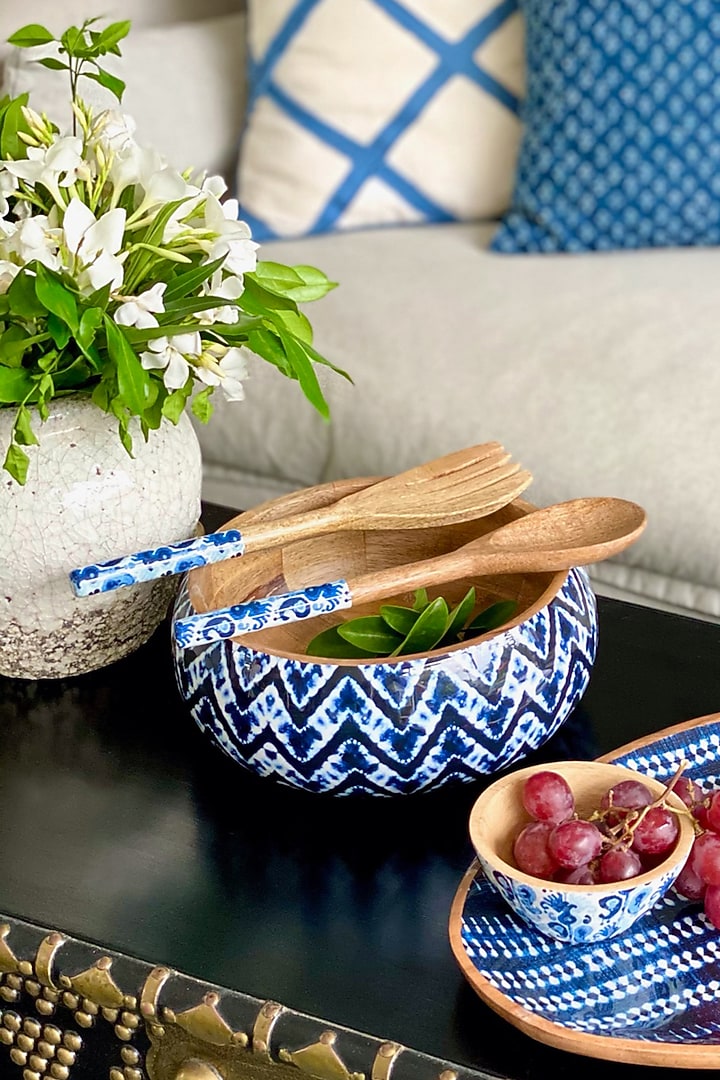 Blue Bali Falls Wood Salad Bowl With Servers Set (Set of 3) by Faaya Gifting at Pernia's Pop Up Shop