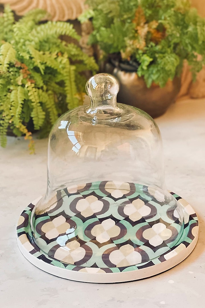 Moroccan Mint Printed Dessert Tray With Glass Cloche (Set of 2) by Faaya Gifting