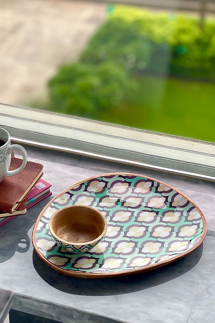 Moroccan Mint Printed Oval Platter With Dip Bowl by Faaya Gifting at Pernia's Pop Up Shop