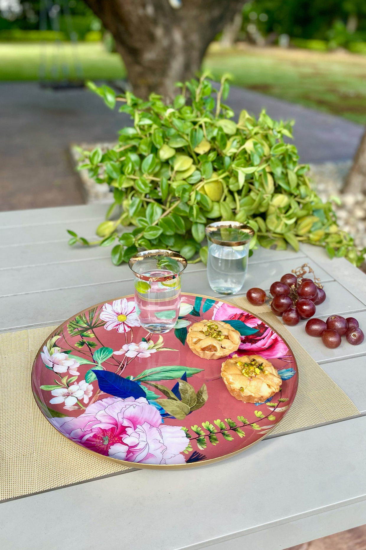 Rust Windsor Blooms Printed Round Serving Tray by Faaya Gifting at Pernia's Pop Up Shop