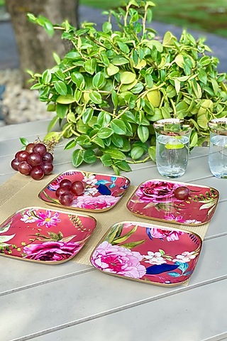 Rust Windsor Blooms Printed Square Quarter Plates (Set of 4) by Faaya Gifting