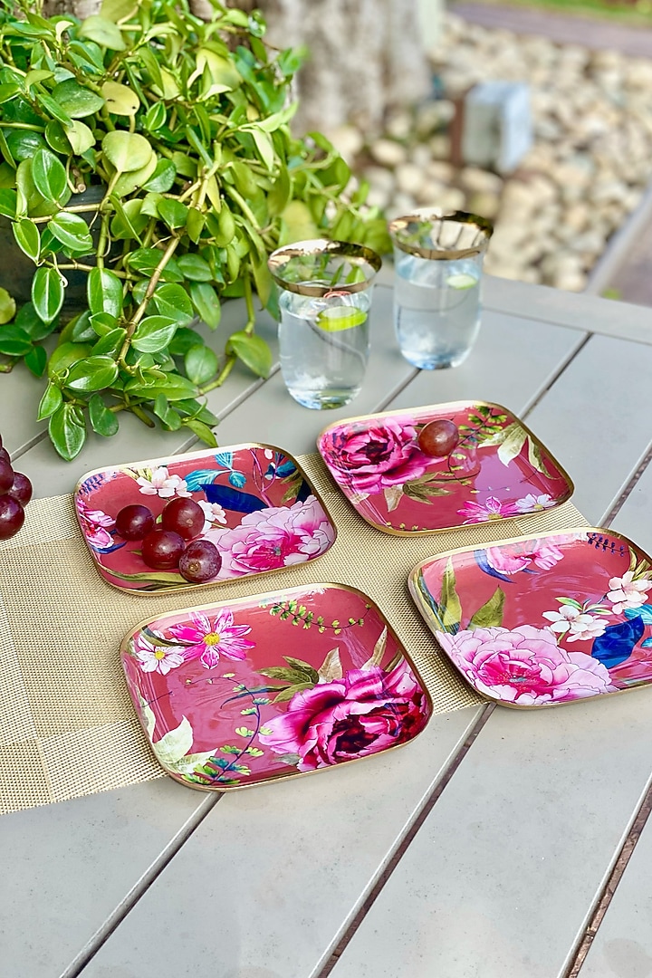 Rust Windsor Blooms Printed Square Quarter Plates (Set of 4) by Faaya Gifting at Pernia's Pop Up Shop