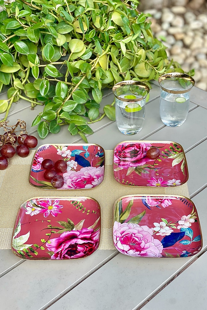 Rust Windsor Blooms Printed Square Quarter Plates (Set of 4) by Faaya Gifting at Pernia's Pop Up Shop