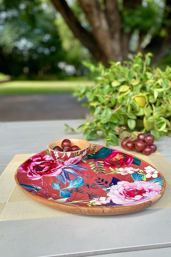 Rust Windsor Blooms Oval Printed Platter With Dip Bowl by Faaya Gifting
