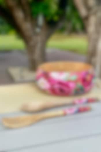 Rust Windsor Blooms Printed Salad Bowl With Servers Set (Set of 3) by Faaya Gifting at Pernia's Pop Up Shop