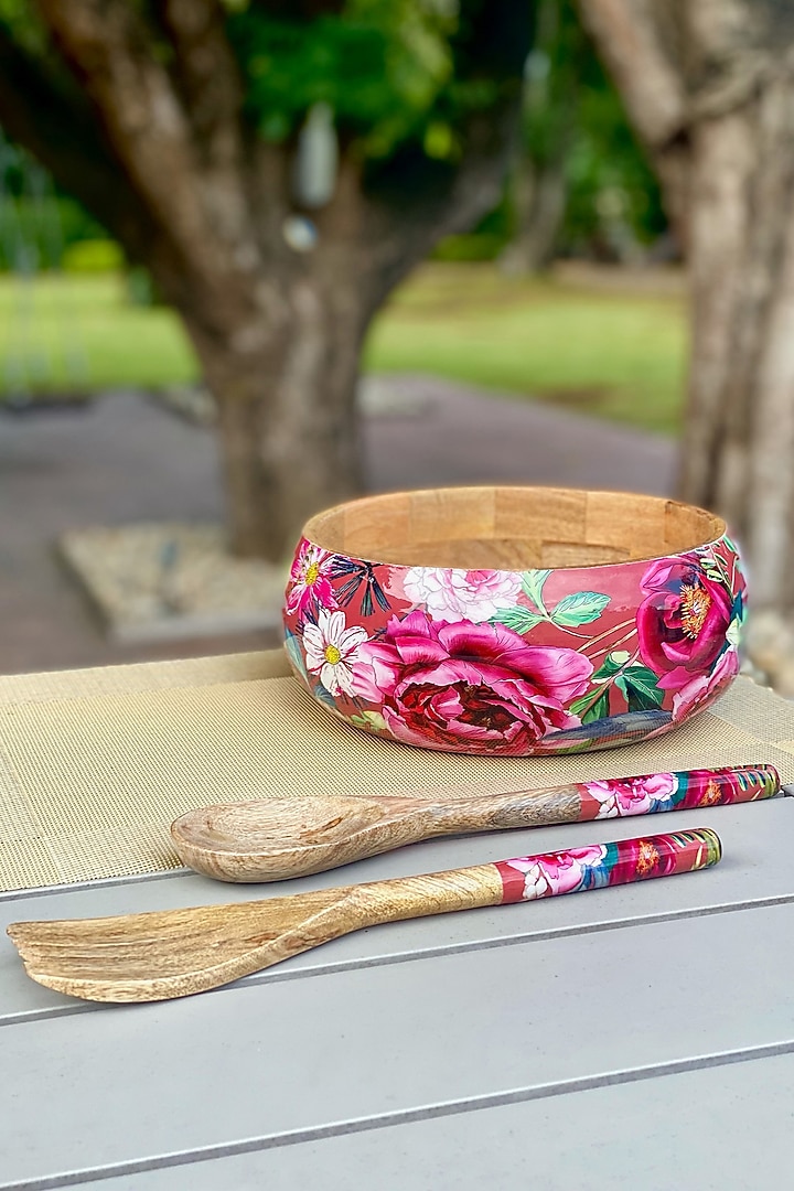 Rust Windsor Blooms Printed Salad Bowl With Servers Set (Set of 3) by Faaya Gifting at Pernia's Pop Up Shop
