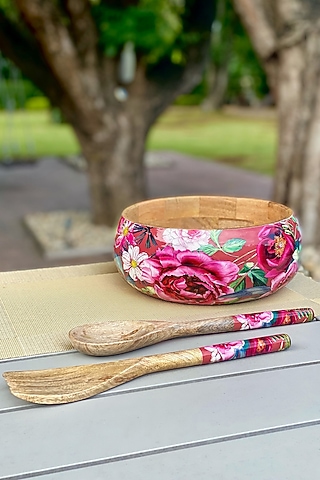 Rust Windsor Blooms Printed Salad Bowl With Servers Set (Set of 3) by Faaya Gifting