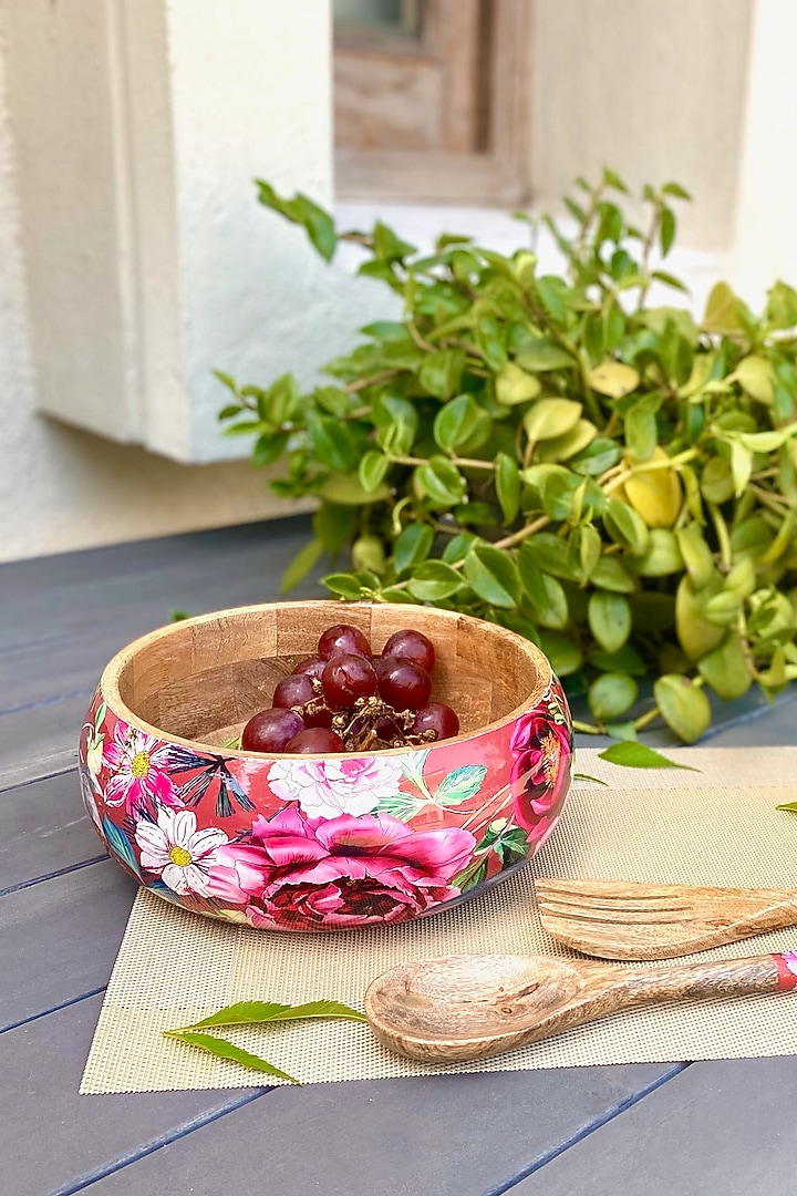 Rust Windsor Blooms Printed Salad Bowl With Servers Set (Set of 3) by Faaya Gifting at Pernia's Pop Up Shop