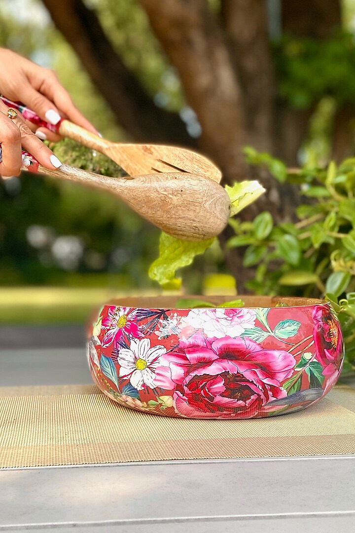 Rust Windsor Blooms Printed Salad Bowl With Servers Set (Set of 3) by Faaya Gifting at Pernia's Pop Up Shop