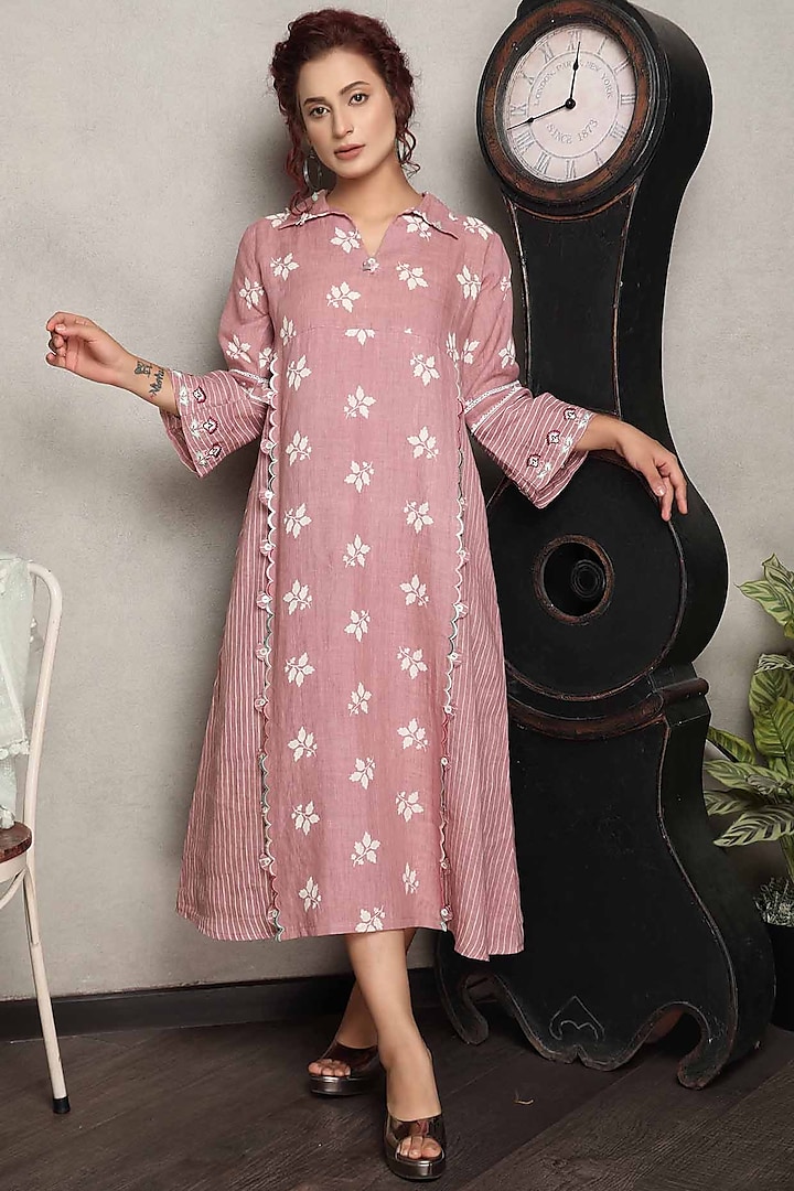 Blush Pink Gauze Linen Printed & Embroidered Dress by Falguni.Foram