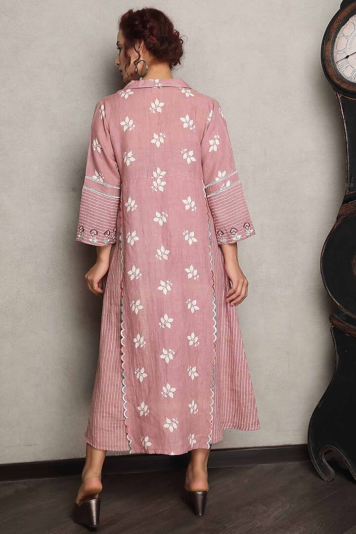 Blush Pink Gauze Linen Printed & Embroidered Summer Dress by Falguni.Foram at Pernia's Pop Up Shop