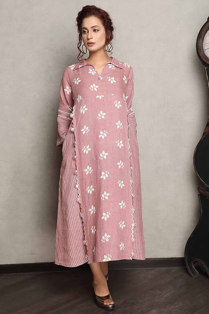 Blush Pink Gauze Linen Printed & Embroidered Summer Dress by Falguni.Foram at Pernia's Pop Up Shop