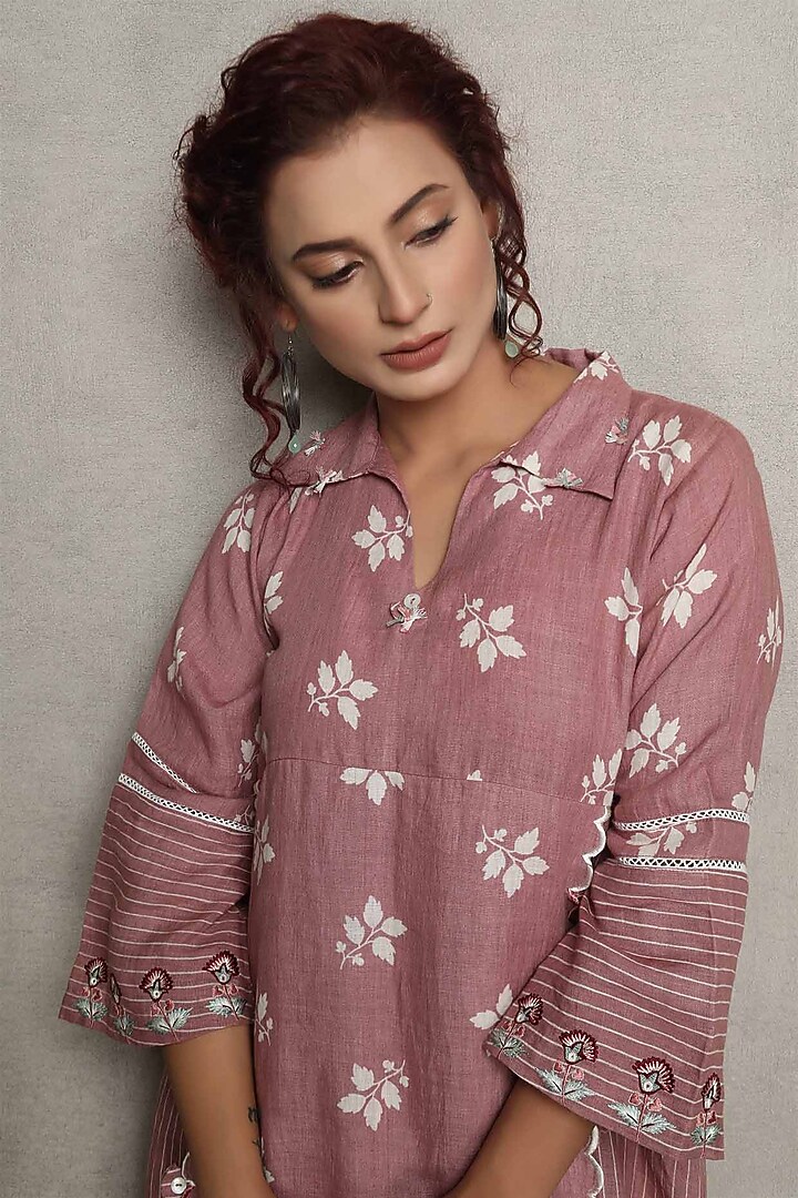 Blush Pink Gauze Linen Printed & Embroidered Summer Dress by Falguni.Foram at Pernia's Pop Up Shop