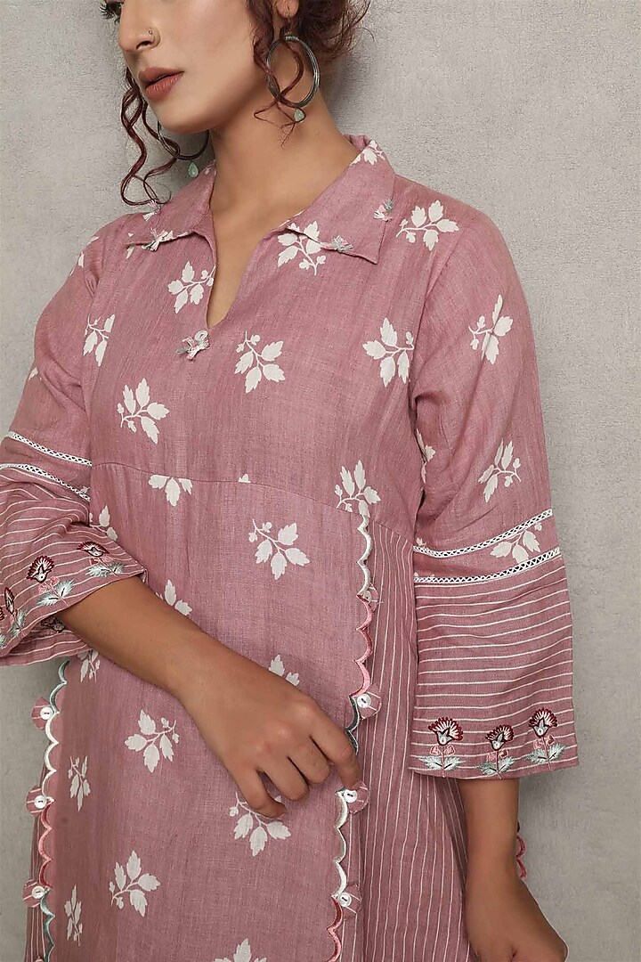 Blush Pink Gauze Linen Printed & Embroidered Summer Dress by Falguni.Foram at Pernia's Pop Up Shop