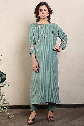Green Gauze Printed & Embroidered Kurta Set by Falguni.Foram