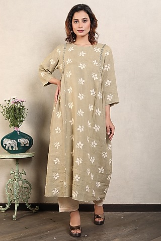 Khaki Gauze Linen Printed & Embroidered Gathered Kurta Set by Falguni.Foram