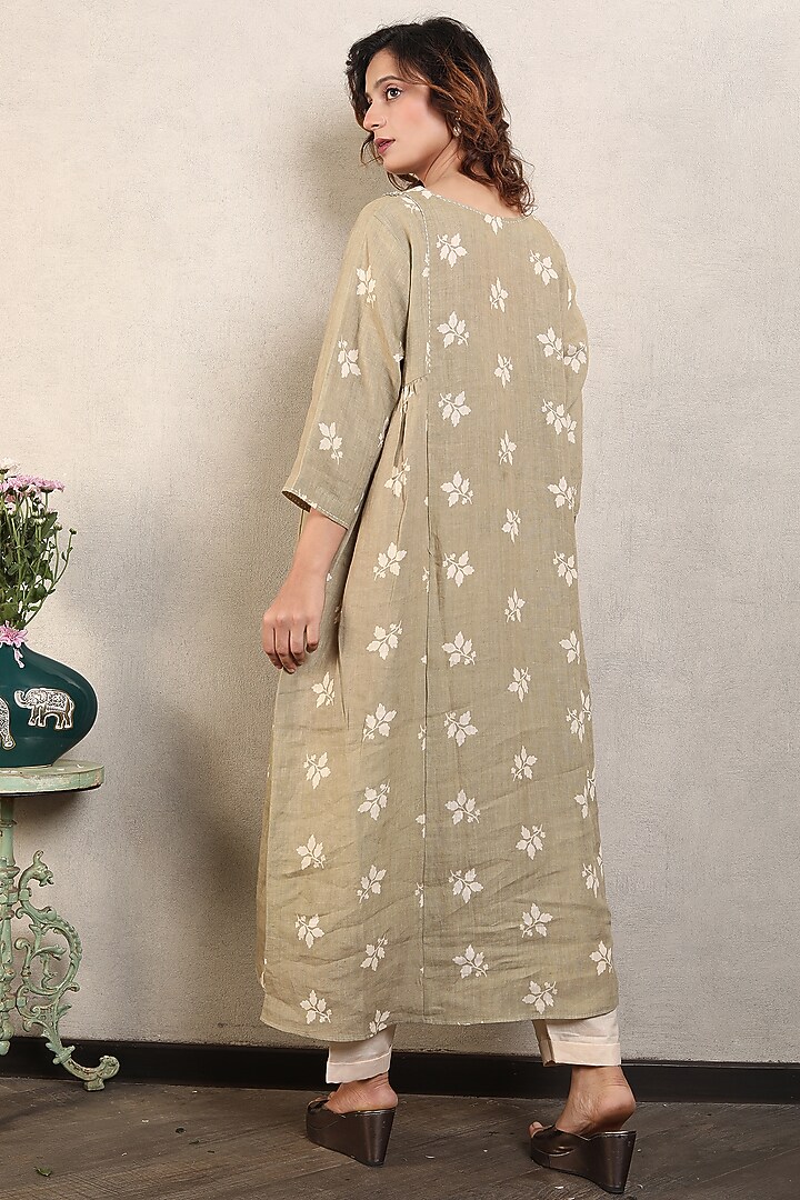 Khaki Gauze Linen Printed & Embroidered Gathered Kurta Set by Falguni.Foram at Pernia's Pop Up Shop