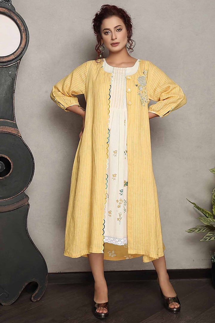 Yellow Gauze Linen Hand Embroidered Jacket With Printed Dress by Falguni.Foram