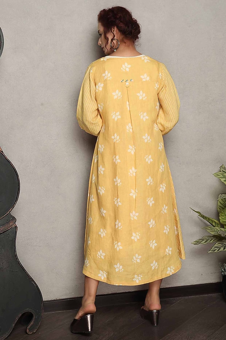 Yellow Gauze Linen Hand Embroidered Jacket With Printed Summer Dress by Falguni.Foram at Pernia's Pop Up Shop