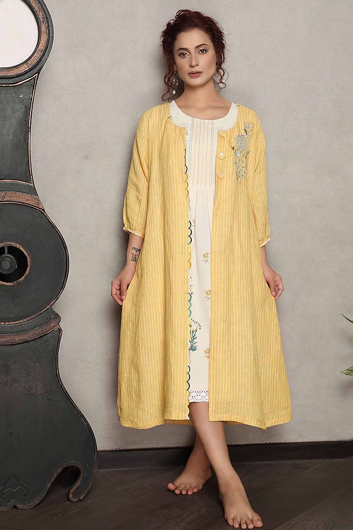 Yellow Gauze Linen Hand Embroidered Jacket With Printed Summer Dress by Falguni.Foram at Pernia's Pop Up Shop
