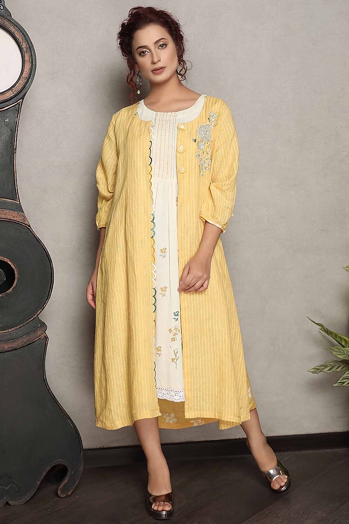 Yellow Gauze Linen Hand Embroidered Jacket With Printed Summer Dress by Falguni.Foram at Pernia's Pop Up Shop