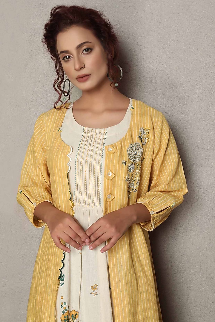 Yellow Gauze Linen Hand Embroidered Jacket With Printed Summer Dress by Falguni.Foram at Pernia's Pop Up Shop
