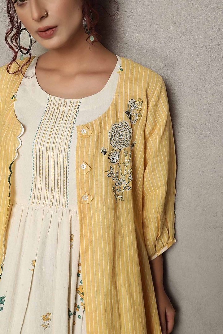 Yellow Gauze Linen Hand Embroidered Jacket With Printed Summer Dress by Falguni.Foram at Pernia's Pop Up Shop