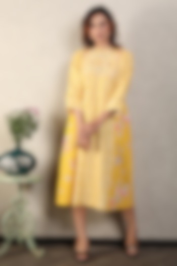 Yellow Gauze Linen Printed & Hand Embroidered Dress by Falguni.Foram