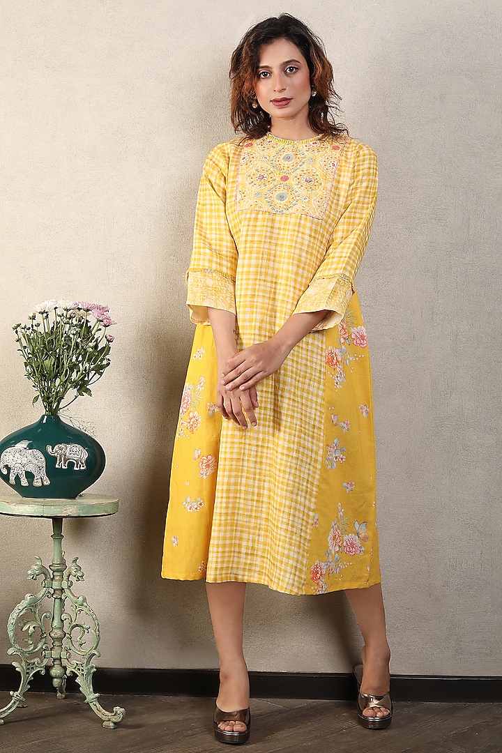 Yellow Gauze Linen Printed & Hand Embroidered Dress by Falguni.Foram