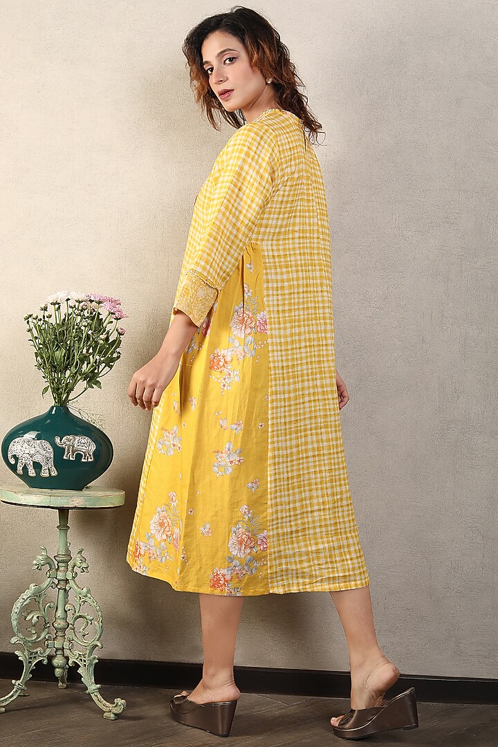Yellow Gauze Linen Printed & Hand Embroidered Summer Dress by Falguni.Foram at Pernia's Pop Up Shop