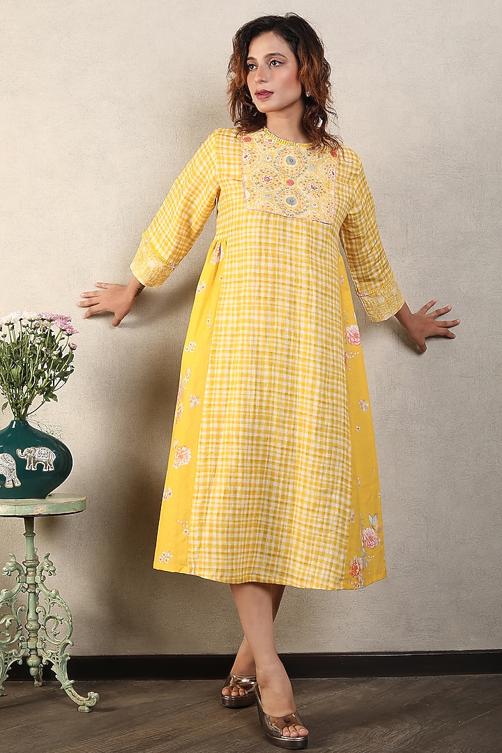 Yellow Gauze Linen Printed & Hand Embroidered Summer Dress by Falguni.Foram at Pernia's Pop Up Shop